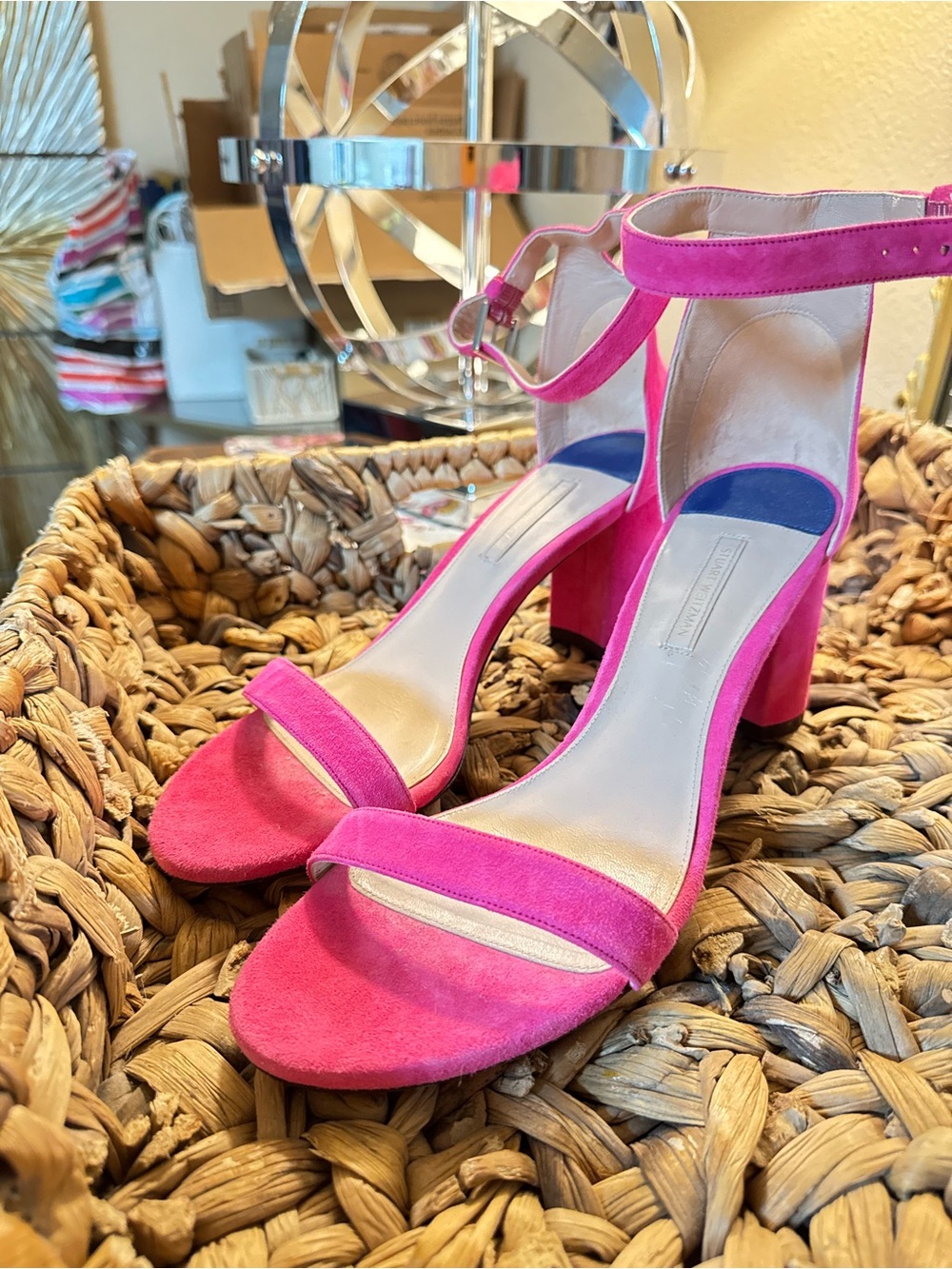 Stuart Weitzman Hot Pink Suede Block Heel Ankle-Strap Sandals
